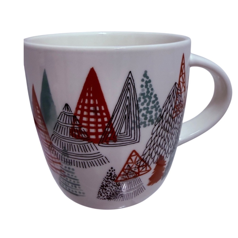 Starbucks 14oz Holiday Coffee Mug Abstract Christmas Trees Red Teal White